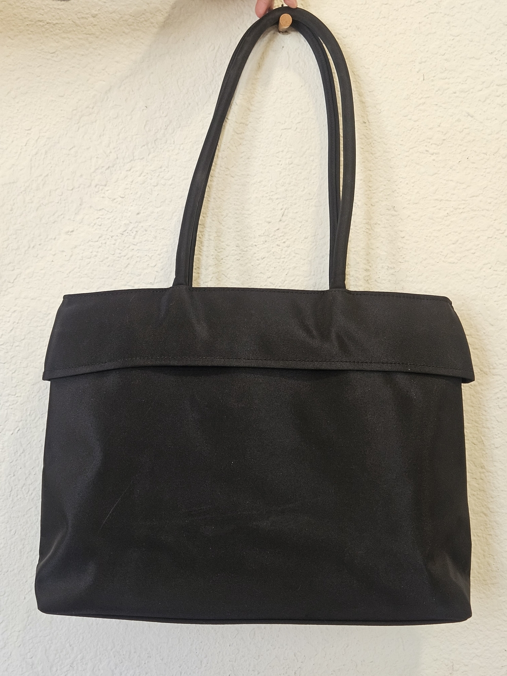 Vintage Minimalist Fold-Top Black Nylon Tote Bag / Shoulder Bag